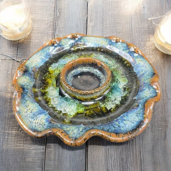 Crystalline Glaze Pottery Ruffle Edge Trinket Dish Tea Light Holder Votive USA - Picture 1 of 11